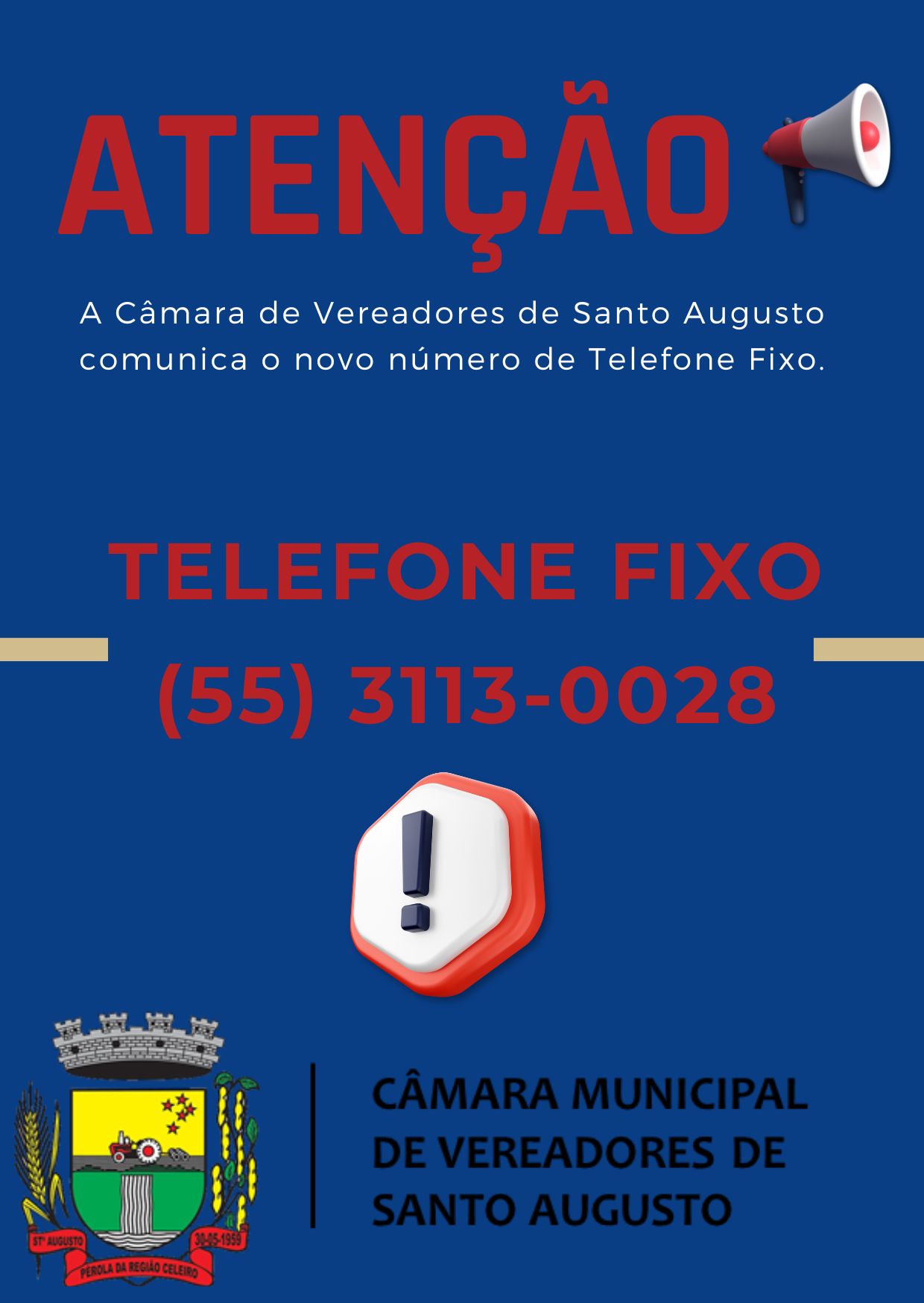 Novo número de Telefone Fixo da Câmara de Vereadores de Santo Augusto